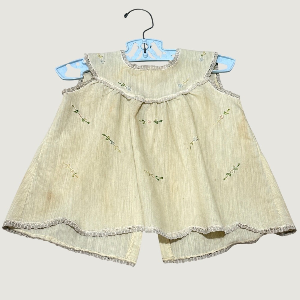 Vintage Baby Floral Embroidered Lace Trim Top Yellow Sleeveless Infant Girl